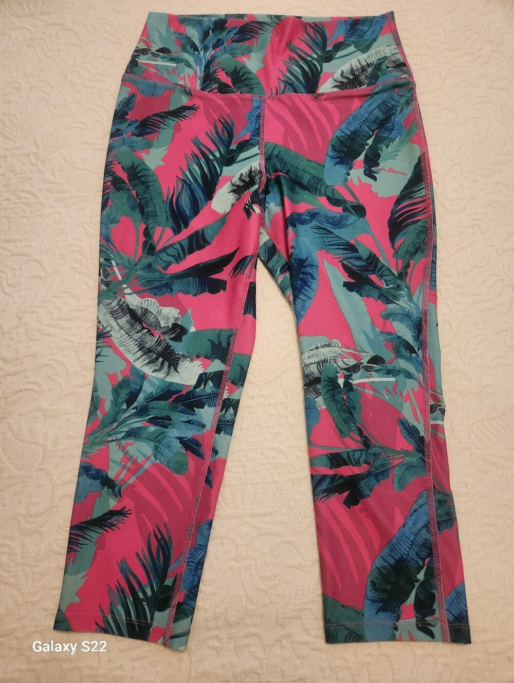 Reel Legends Pink and Teal Tropical Cropped Leggings